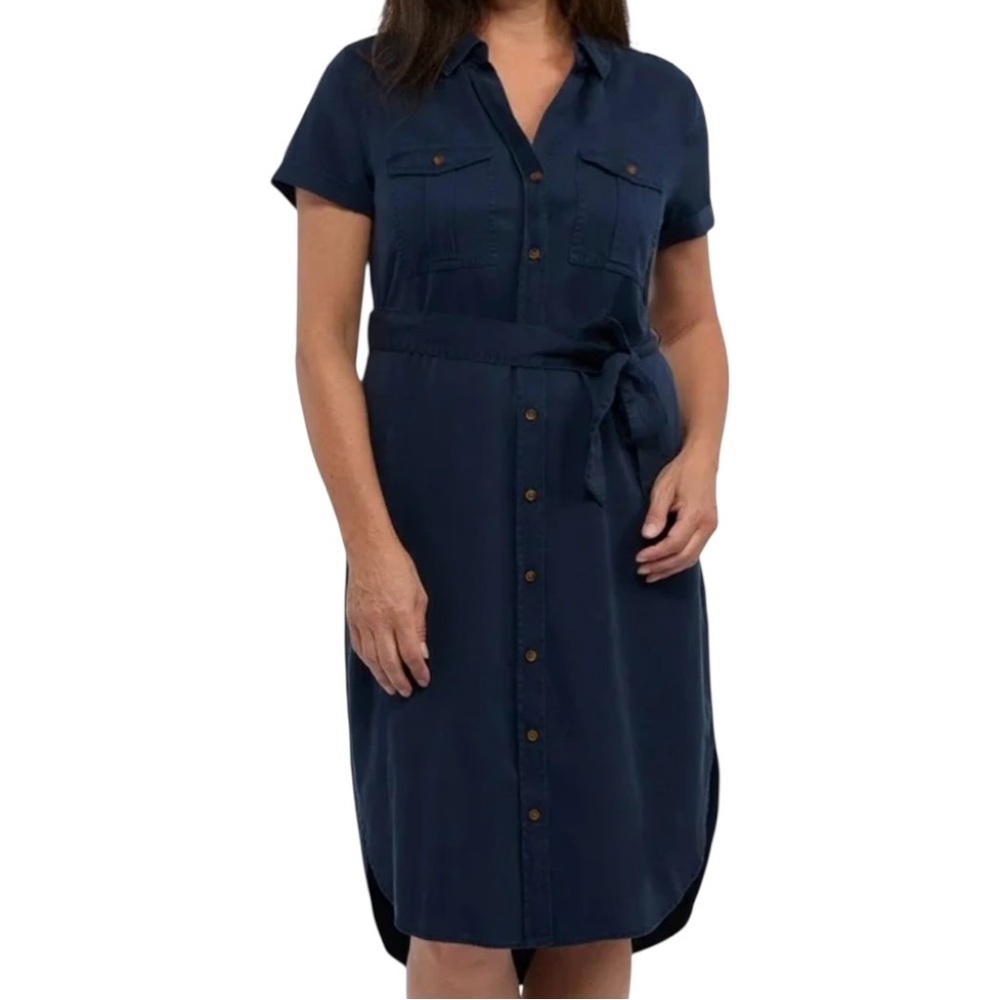 Teddi Rose Tencel Navy Blue Shirt Dress Soft Denim Midi Button Front Belted XL